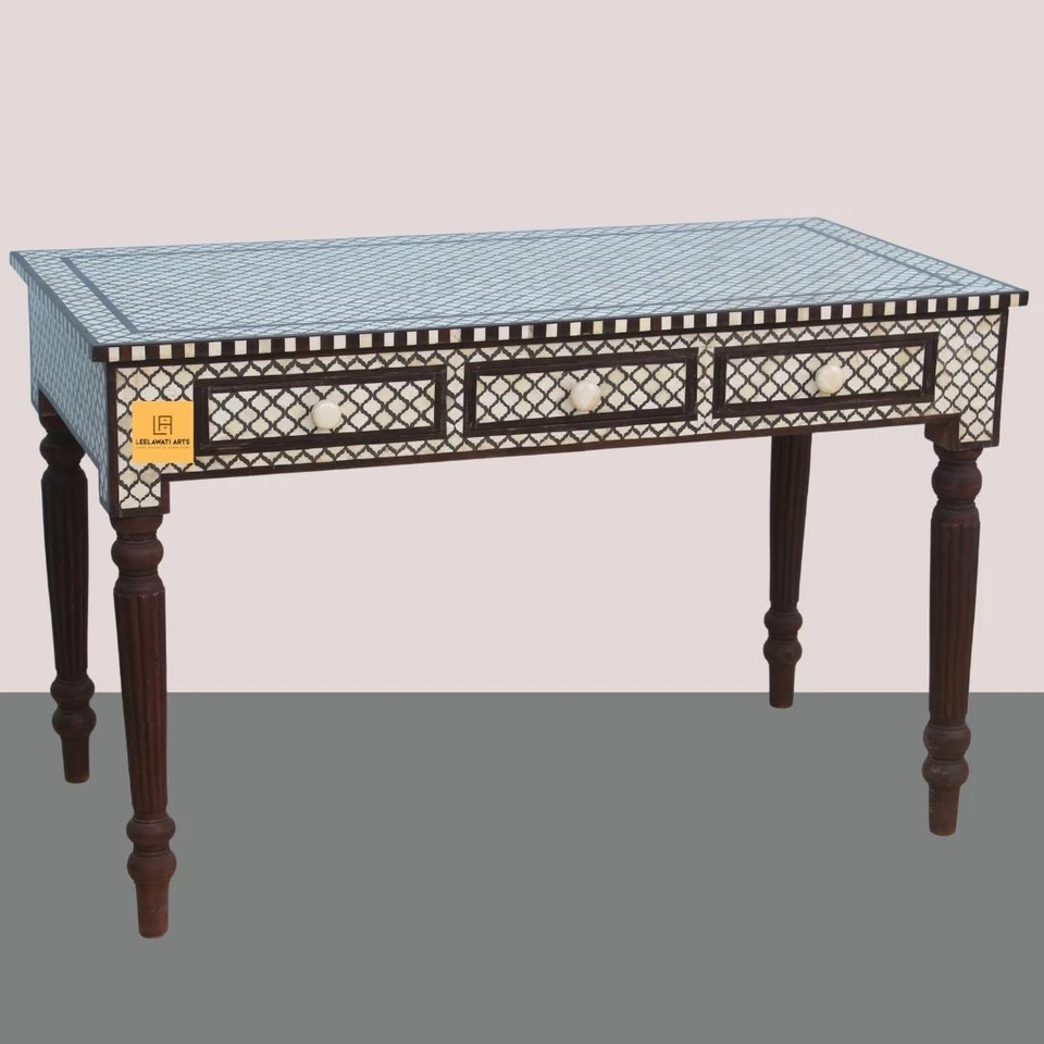 HOME DECORATIVE BONE INLAY MUGHAL DESIGN 3 DRAWER STUDY AND SIDE TABLE  - Image 2 of 4