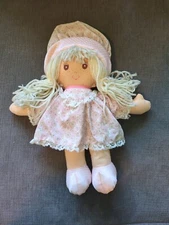 Vintage Dan Dee Cloth Doll 15” Blonde Hair Pink Flower Dress Pigtails Bonnet