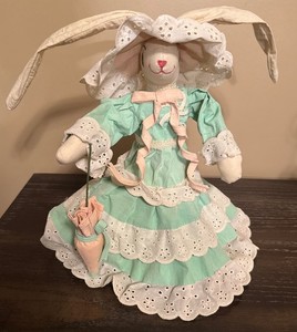 Vintage Handmade Cloth Bunny Mint Eyelet Tiered Dress Parasol Easter Decor 20”
