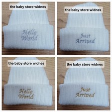 Baby Unisex Knitted Beanie Hats Embroidered Hello World / Just Arrived Newborn
