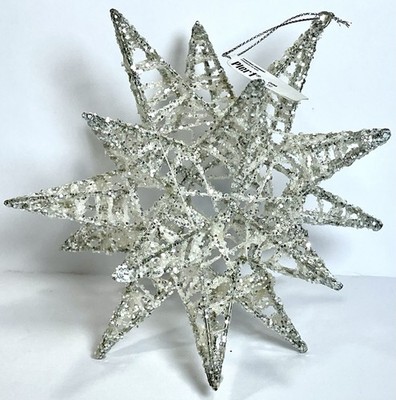 PIER 1 Star Christmas Ornament Silver Glitter 18 Point Starburst 3D Metal Base