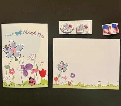 Beautiful Thank You Note Card w/Env/Stamps/Stickers BN Floral  Line Art Ladybug