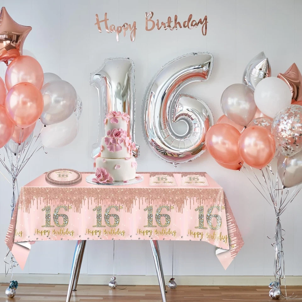 Kit Fiesta Cumpleaños 16 Oro Rosa, Dulce 16 Platos Servilletas Mantel Decoración, Rosa Foto 3 de 4