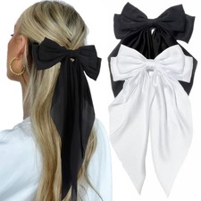 2 PCS White Black Halloween Hair Bows Satin Large Clips Women Girls Gift