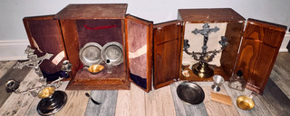 LOT OF 2 ANTIQUE CATHOLIC 1800's VINTAGE SICK CALL SETS ALTARS VIATICUMS