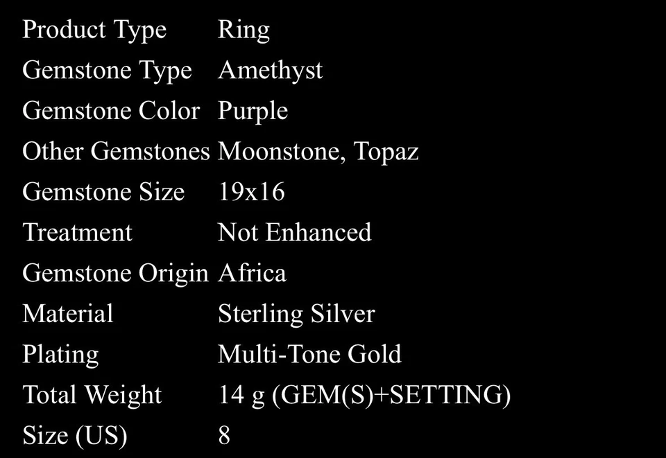 Anillo de cóctel de amatista, piedra lunar, topacio único enchapado en oro 925 de dos tonos Foto 4 de 4