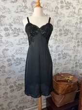 Vintage 50s Komar Black Slip Nightgown with Sheer Lace Bust and Hem Adjustable