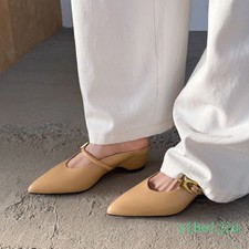 Womens Mid Heel Leather Mules Slippers Dress Shoes Pointed Toe Casual Fashion