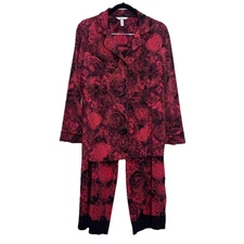 Soma Pajama Set Sz Large Red Black Roses Long Sleeve Pockets Cozy Cotton Lounge