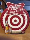 Vtg Miller High Life Beer Bullet Holes Bullseye Girl On Moon Bar Sign Tin 1998