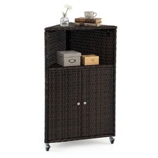 Outdoor Storage Cabinet PE Rattan Corner Bar Cart with Shelves & Lockable Wheels