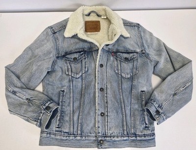 Levi's Premium Sherpa gefütterte Denim Trucker Jacke helle Waschung blau Herren Größe Small