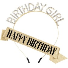 Birthday Sash and Crown Girl Headband Tiara Rhinestone Happy Birthday Sash Gl...