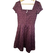 Aeropostale Plum Lace Square Neck Smocked Bodice Corset Dress Short Sleeve Med