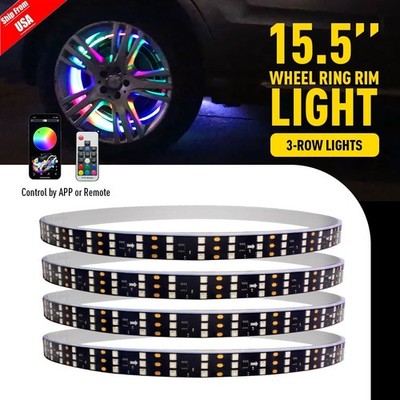 4PCS 15.5'' RGB & Chasing Flow 3 Row LED Wheel Ring Rim Lights For Truck Car set