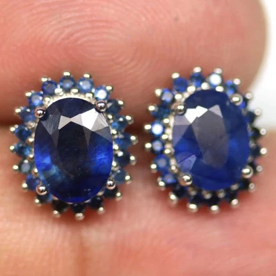 925 Sterling Silber 6 X 8 Mm. Blaue Saphir Ohrringe Weiß Vergoldet - Bild 1 von 4