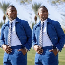 Vintage Blue Corduroy Men's Suit Wedding Prom Casual Outdoor Coat Pant Tailored