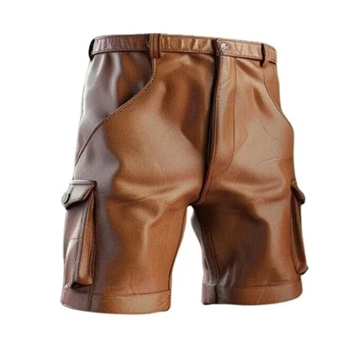Short en cuir marron à six poches pour hommes | Short cargo en cuir de mouton... - Photo 1/4