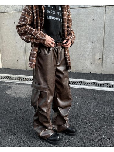 Men Casual Trousers Loose Straight Retro Wide-leg Workwear PU Leather Long Pants - Picture 8 of 19