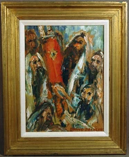 20th Century Judaic Oil Painting With Rabbis and Scroll by David Pallack 