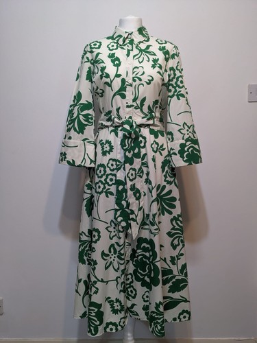 Zara Green Ecru Leaf Print Cotton Shirt Tunic Midi Dress Size M - Picture 3 of 10