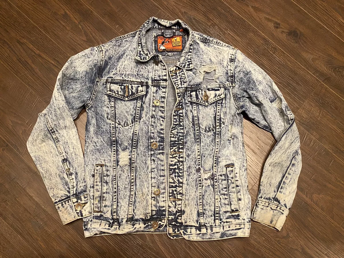Rolling Paper Sz Small Distressed Acid Med Wash Mens Jean Jacket 100% Cotton