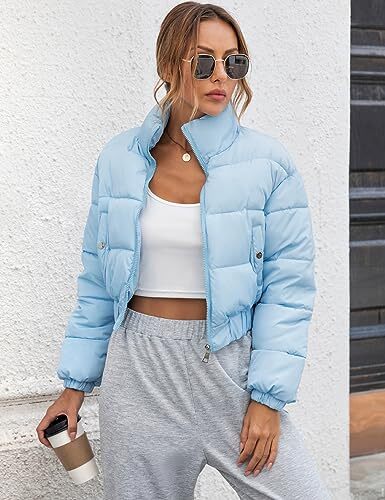Women' s Cropped Quilted Puffer Jacket Outerwear Coats Small 01blue - Picture 4 of 7