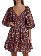 nwt RHODE Darya Wrap Dress L Puff Sleeve Tiered Mini Cotton Chocolate Plumeria