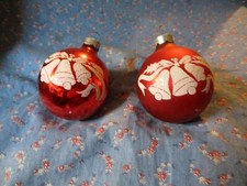 Two Vintage Made in USA Christmas Ornaments Bells on Red About 2 1/2" H w/o Loop