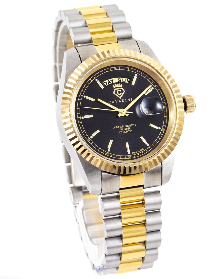 CAVADINI Herrenuhr Leonardo massiv Edelstahl bicolor Tag Datum schwarz CV-331JDD - Bild 3 von 4