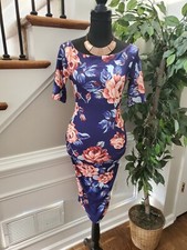 Asos Women Blue Floral Polyester Round Neck Half Sleeve Knee Length Dress Size 4
