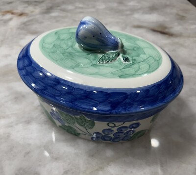 Ceramic Nancy Calhoun ''Moonlight'' Serving Dish w/ Lid Blue, Green, White, Pear