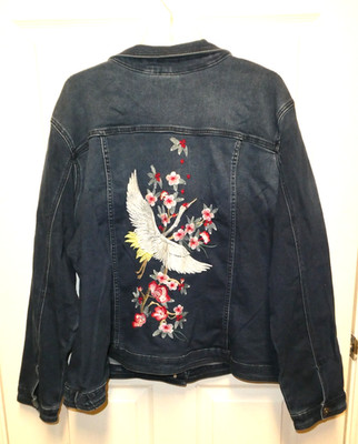 DG2 Diane Gilman Denim Jean Jacket 3XL PLUS Embroidered Crane Cherry Blossom NWT