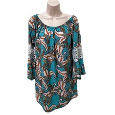 Win Win Women's Sz L-XL Boho Aqua Orange Multi Crochet Pinwheel Sleeve Tunic Top