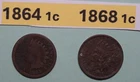 1864 & 1868 INDIAN HEAD US COPPER ONE CENT COINS 1864 RATES AG, 1868 RATES FINE