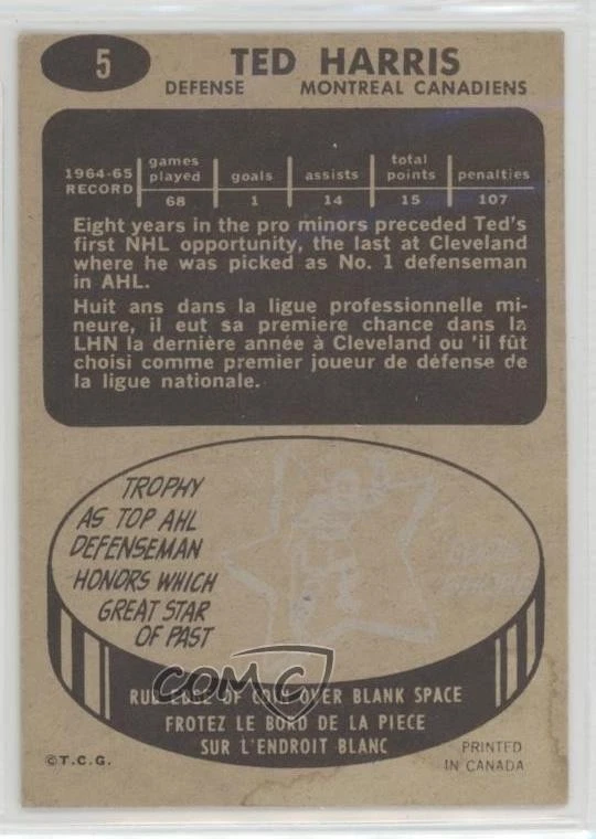 1965-66 Topps Ted Harris #5 Rookie RC - Image 2 of 2