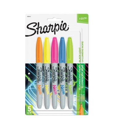 Sharpie 1874447 Neon Permanent Markers, Fine Point, Assorted Colors, 5