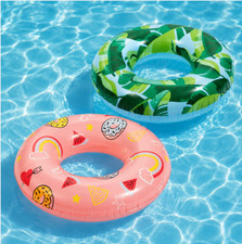 2 Pack Inflatable Swim Rings Pool Floats Tropical Leaf Pink Donut Design