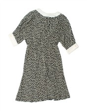 VINTAGE Womens 3/4 Sleeve A-Line Dress UK 10 Small Black Spotted BO01