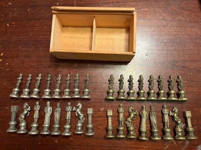 Vintage Brass Heavy Chess Pieces Renaissance Themed 32 Nickel Set Complete 3.5 