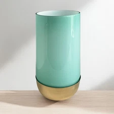 VINTAGE MCM CASED ART GLASS VASE - VENINI STYLE AQUA GREEN w/ BRASS BASE 27cm