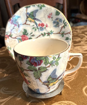VINTAGE Royal Tudor Ware Chintz Tea Cup and Saucer with Birds, Flowers  England