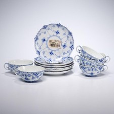VTG Royal Copenhagen Flat Cup & Saucer Set Blue Fluted Full Lace Porcelain 12pc