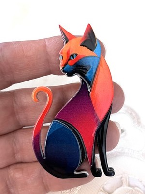 Wunderschöne große bunte SITZENDE KATZE Acryl Kostüm Brosche - NEU