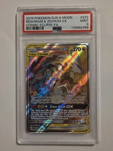 RESHIRAM & ZEKROM GX 2019 POKEMON SUN & MOON COSMIC ECLIPSE #222 FULL ART PSA 9