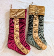 Vintage Villa Bacci Large Christmas Stocking Satin Buttons and Bells Set of 2