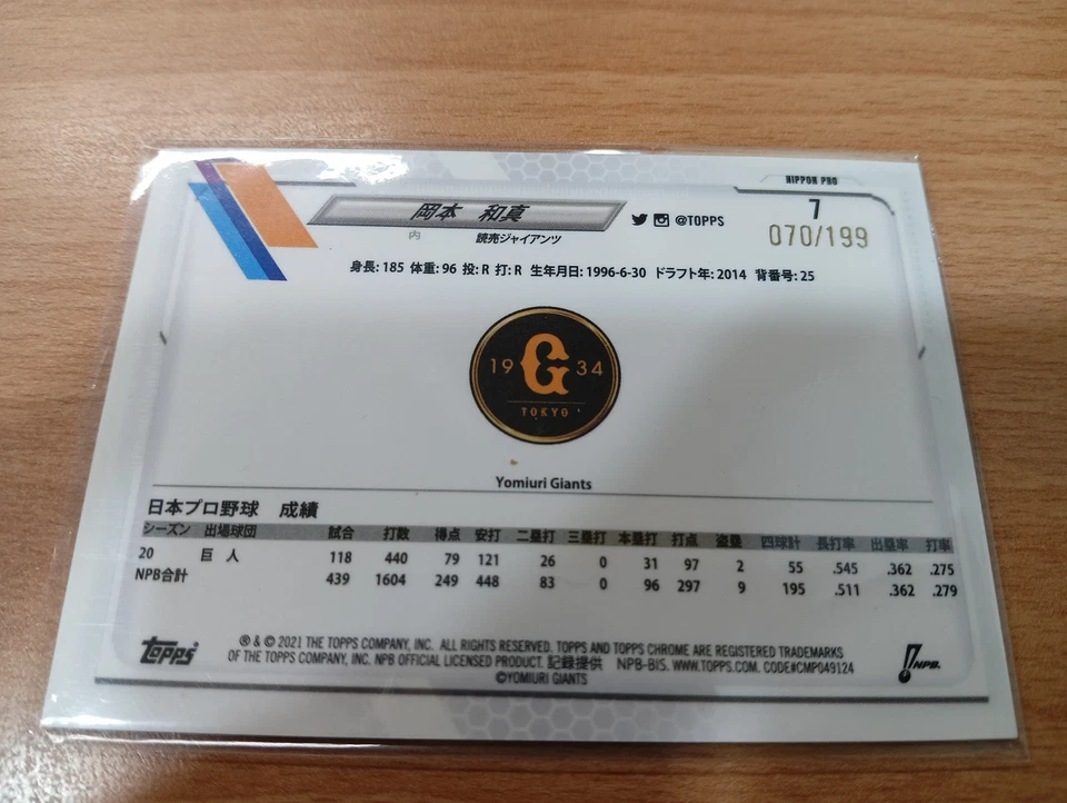 Okamoto Kazuma 2021 Chrome NPB  Aqua Refractor /199 (#7) - Image 2 of 2