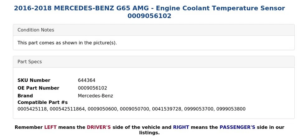 2016-2018 MERCEDES-BENZ G65 AMG - Engine Coolant Temperature Sensor 0009056102 - Image 4 of 4