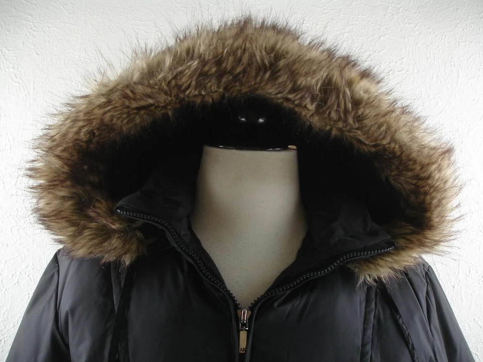 Women's 1X Anne Klein Black Faux Fur Trimmed Hood Long Down Coat Parka Insulated - Image 2 of 4