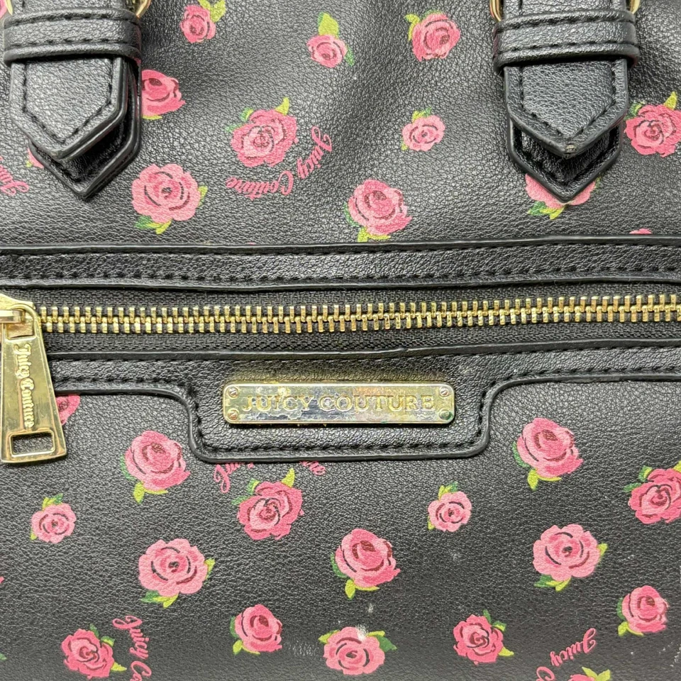 Bolsa satchel feminina Juicy Couture alça superior preta branca rosa rosas média - Imagem 2 de 4